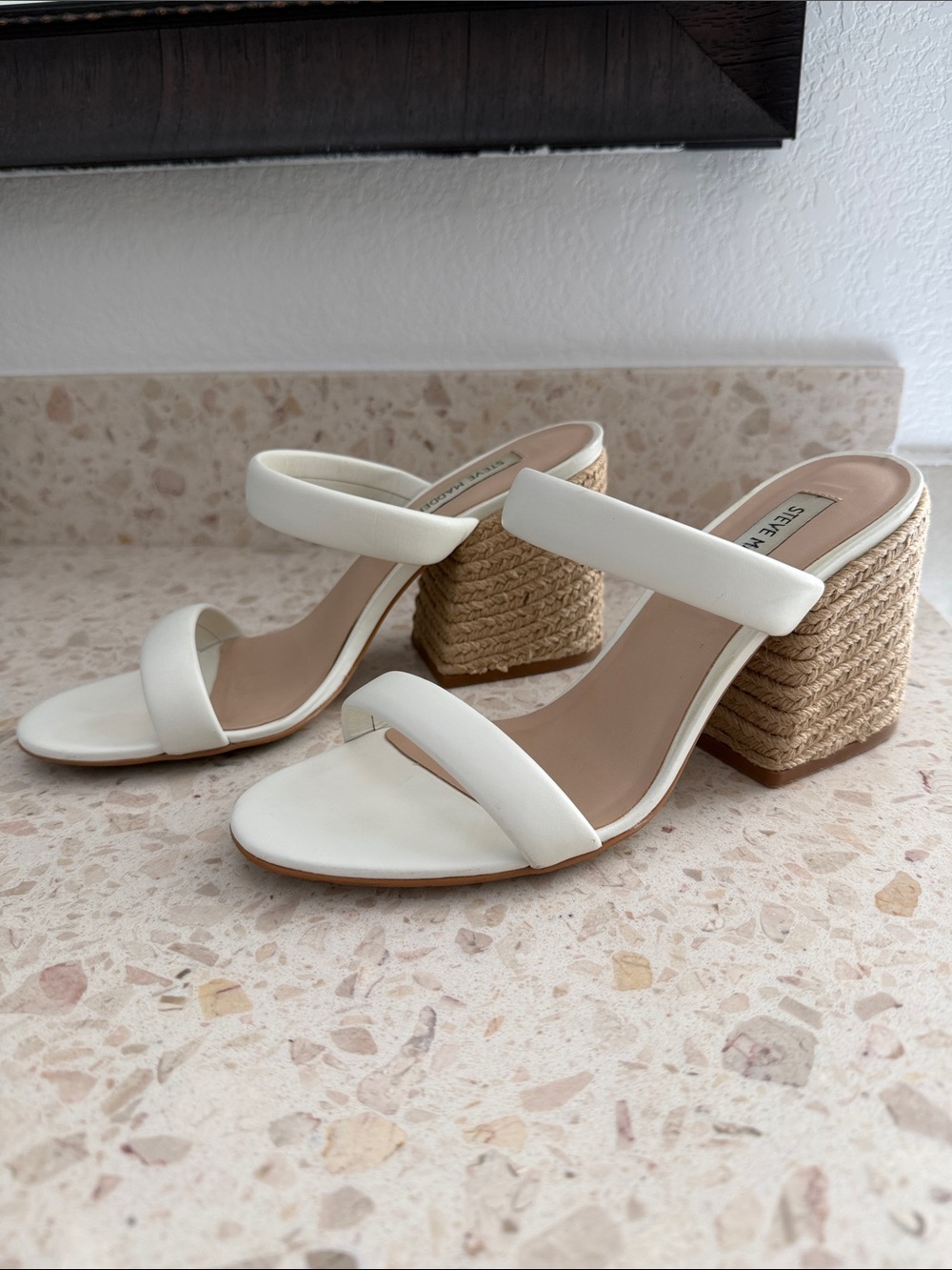 Steve Madden White Espadrille Strap Block Heel Mules